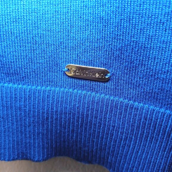 Calvin Klein Mock Neck Sweater Blue Gold Buttons Rayon Knit Top Sz M - Picture 6 of 14